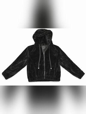 Sanctuary Plush Faux Fur Zip Hoodie Jacket Black Size XL Cozy Luxe